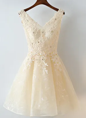 Cute Light Champagne Lace Knee Length Party Dress, Short Prom Dress