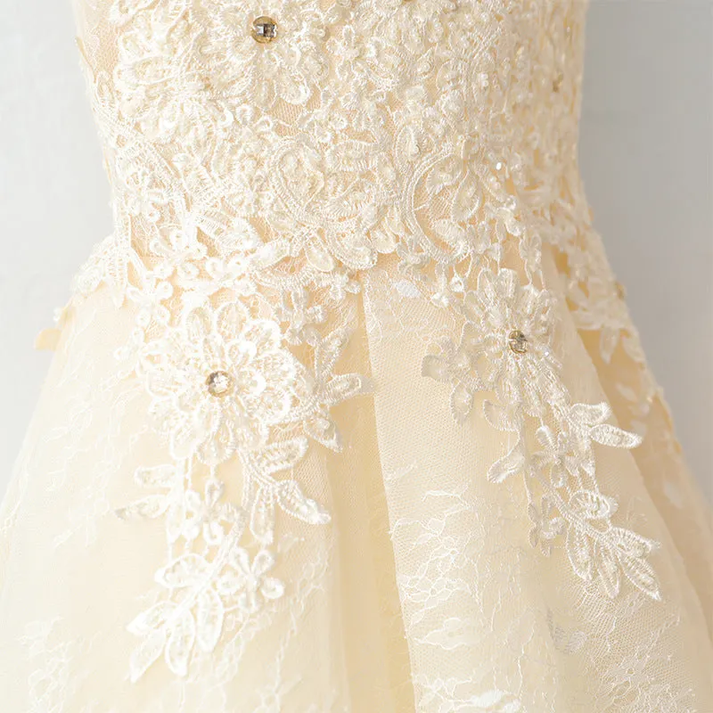 Cute Light Champagne Lace Knee Length Party Dress, Short Prom Dress