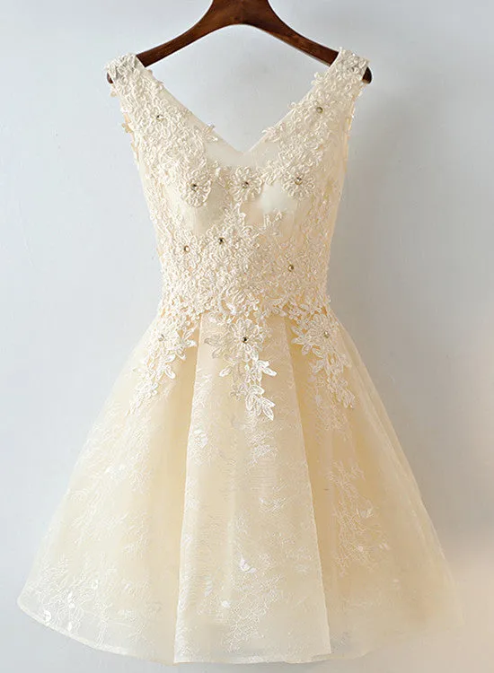 Cute Light Champagne Lace Knee Length Party Dress, Short Prom Dress