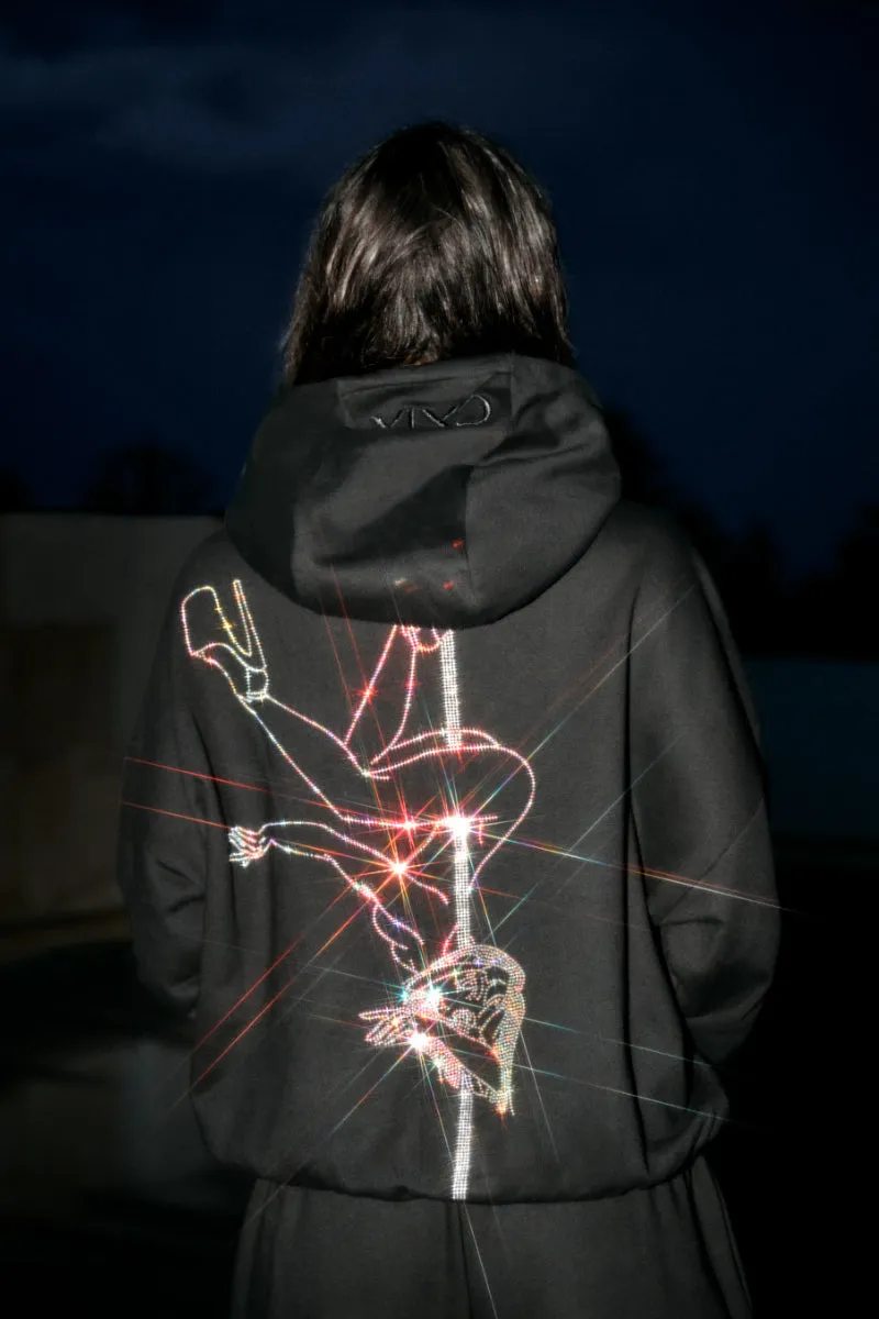 CXIX Anime Pole Dancer Hoodie - Black Rainbow Rhinestone