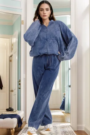 Denim Blue Acid Wash Oversized Bomber Zipper Loungewear Co-ord