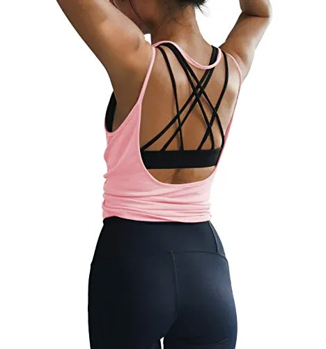 DIBAOLONG Womens Summer Workout Tops Sexy Open Back Backless Yoga Shirts Activewear Workout Clothes Running Sports Gym Fitness Quick Dry Loose Cute Sleeveless Tank Tops Pink M