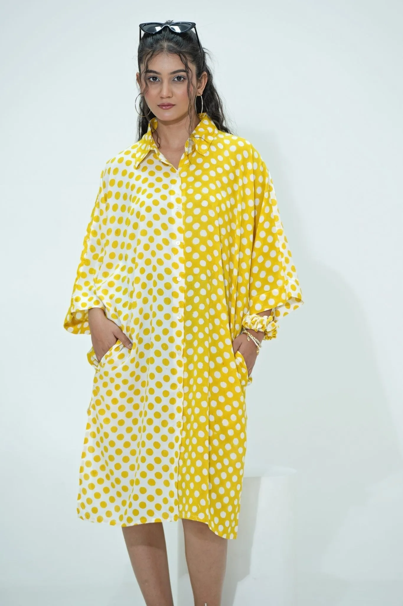 Elina in Yellow Hand Block Printed Oversize Shirt