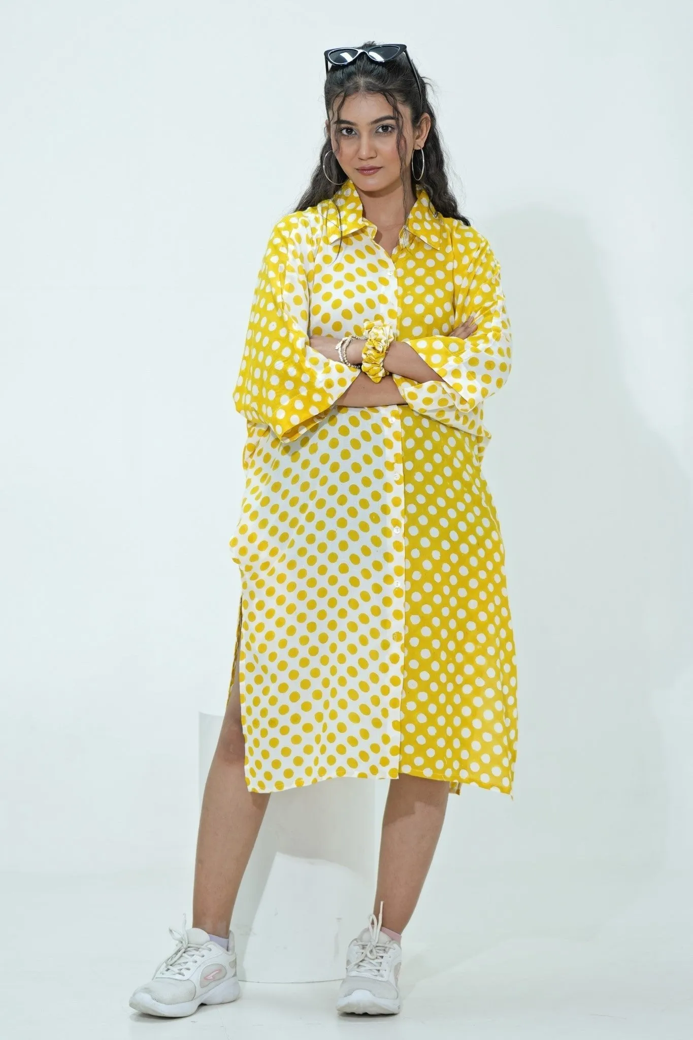 Elina in Yellow Hand Block Printed Oversize Shirt