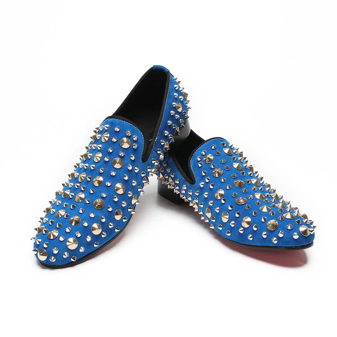 European Station Blue Sneakers Men's Quality Leather Shoes Rivet Platform Cowhide Fashion Casual Lace-Up Trend Shoes Brand Shoes
