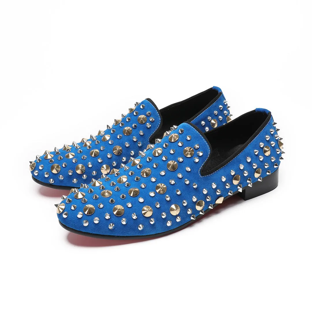 European Station Blue Sneakers Men's Quality Leather Shoes Rivet Platform Cowhide Fashion Casual Lace-Up Trend Shoes Brand Shoes