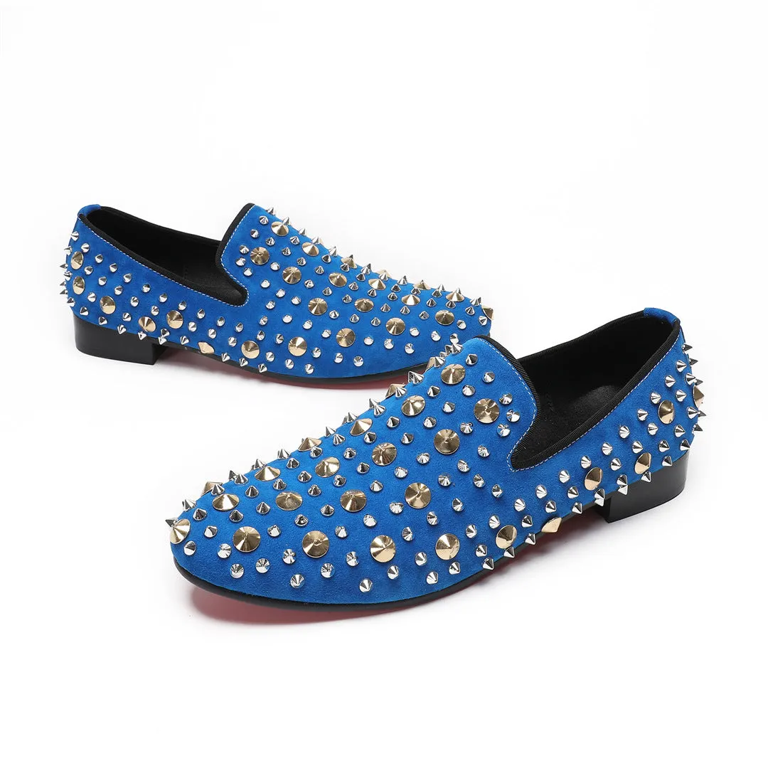 European Station Blue Sneakers Men's Quality Leather Shoes Rivet Platform Cowhide Fashion Casual Lace-Up Trend Shoes Brand Shoes