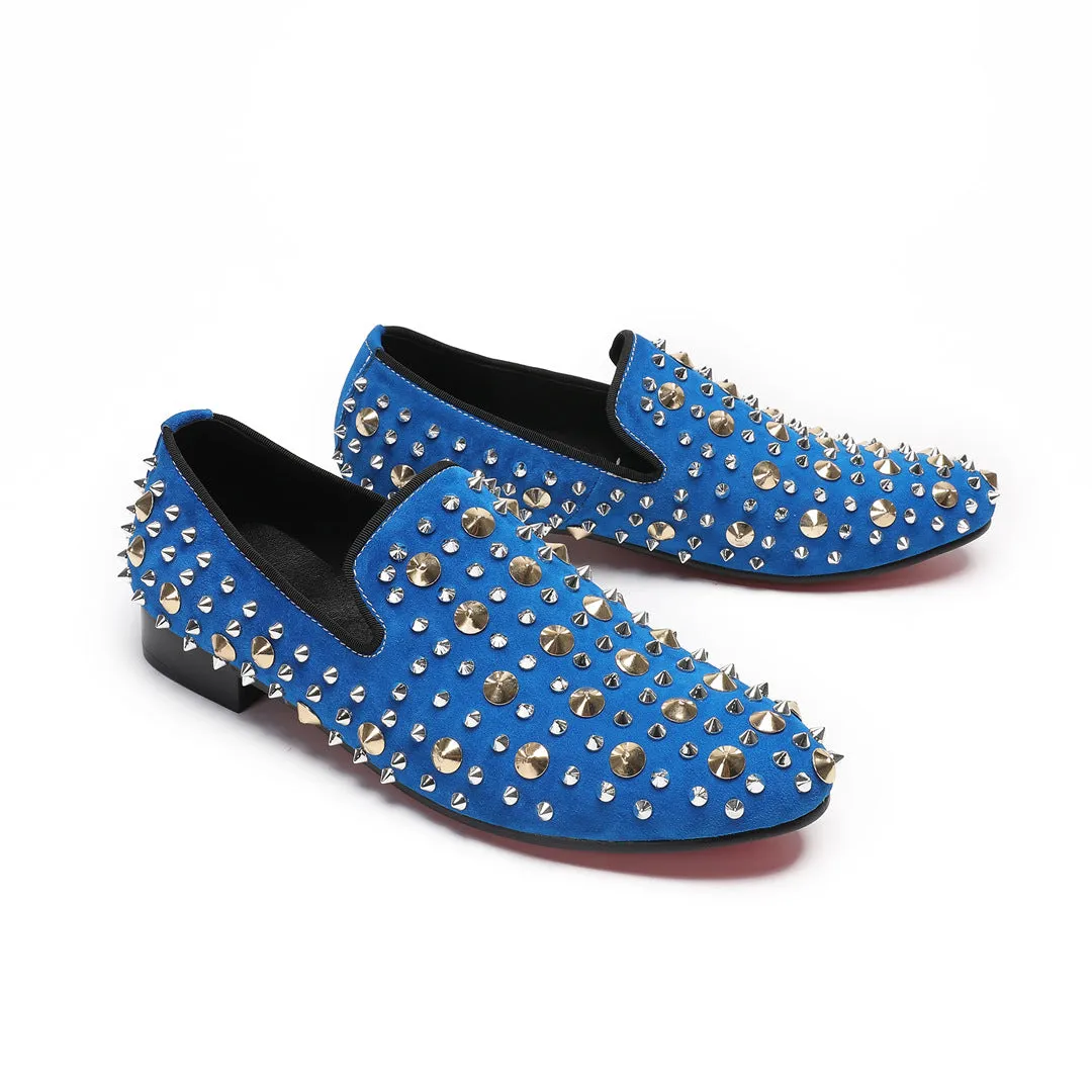 European Station Blue Sneakers Men's Quality Leather Shoes Rivet Platform Cowhide Fashion Casual Lace-Up Trend Shoes Brand Shoes