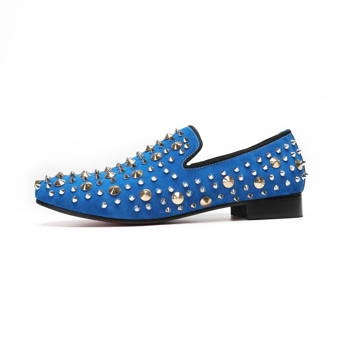 European Station Blue Sneakers Men's Quality Leather Shoes Rivet Platform Cowhide Fashion Casual Lace-Up Trend Shoes Brand Shoes