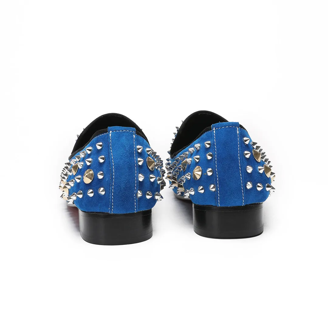 European Station Blue Sneakers Men's Quality Leather Shoes Rivet Platform Cowhide Fashion Casual Lace-Up Trend Shoes Brand Shoes