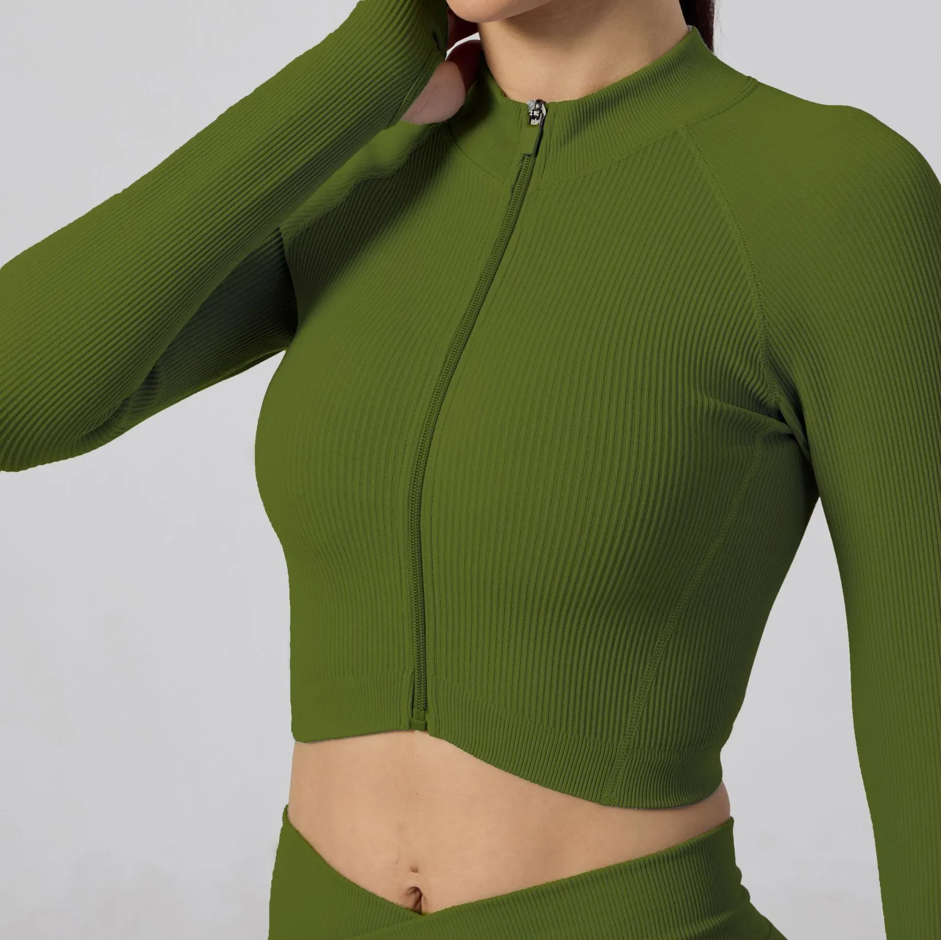Eve Ribbed Long Sleeve Zip Front Thumbhole Crop Top