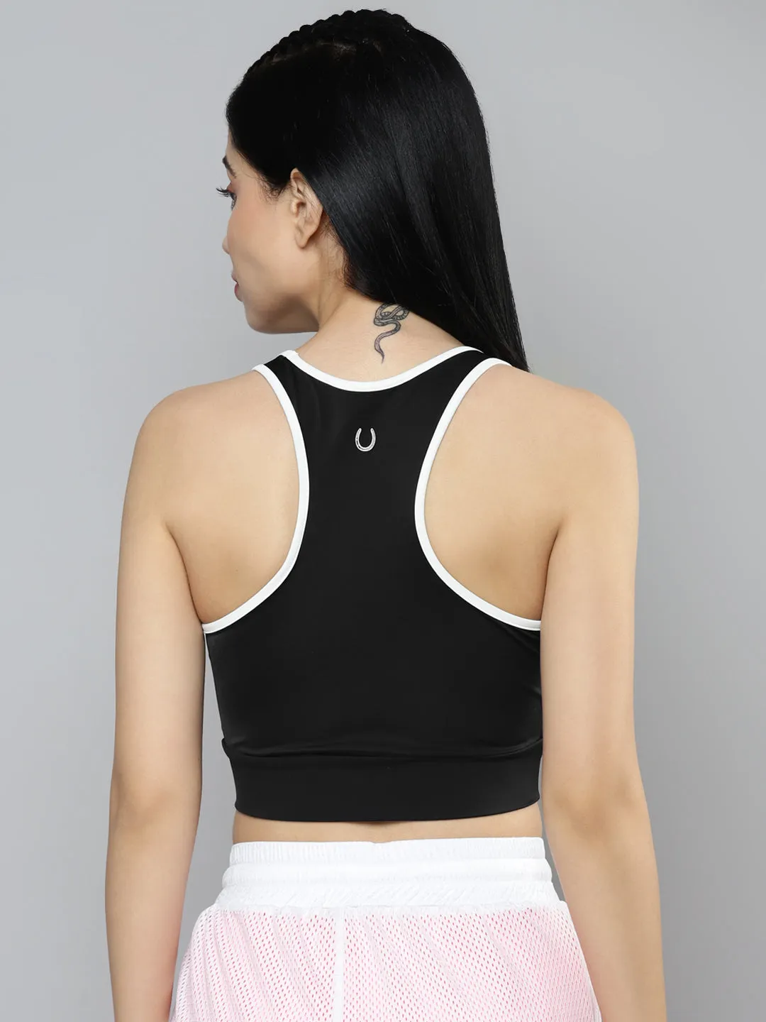 Fitkin Black Solid Front Zipper Crop Top