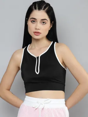 Fitkin Black Solid Front Zipper Crop Top