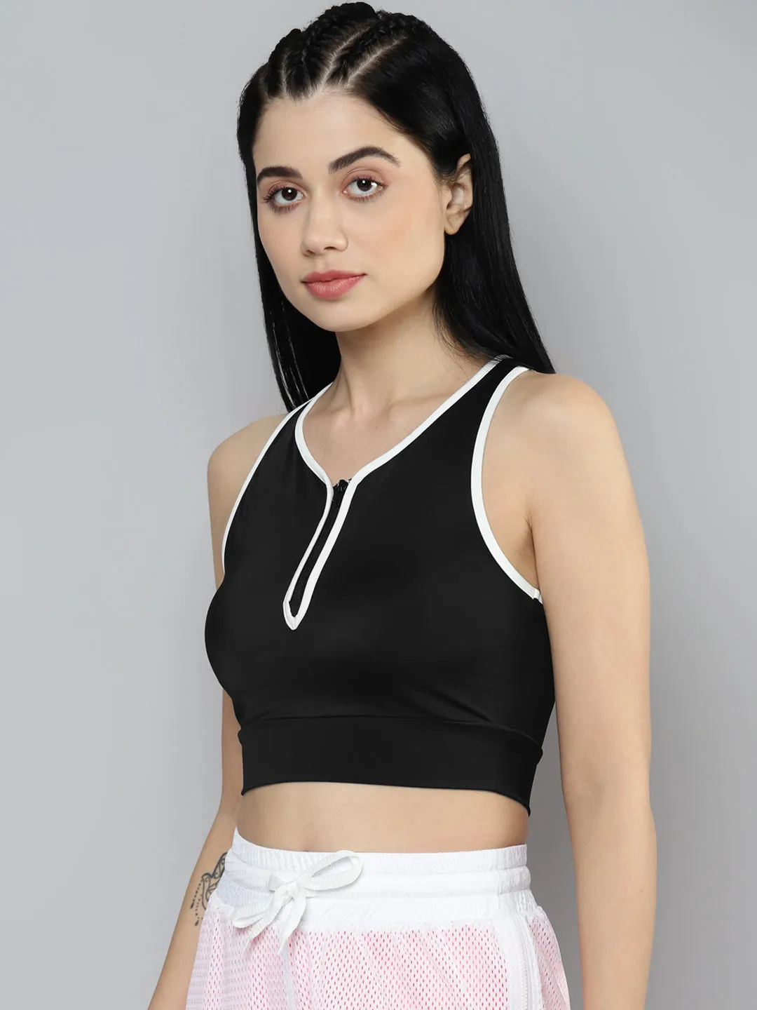 Fitkin Black Solid Front Zipper Crop Top