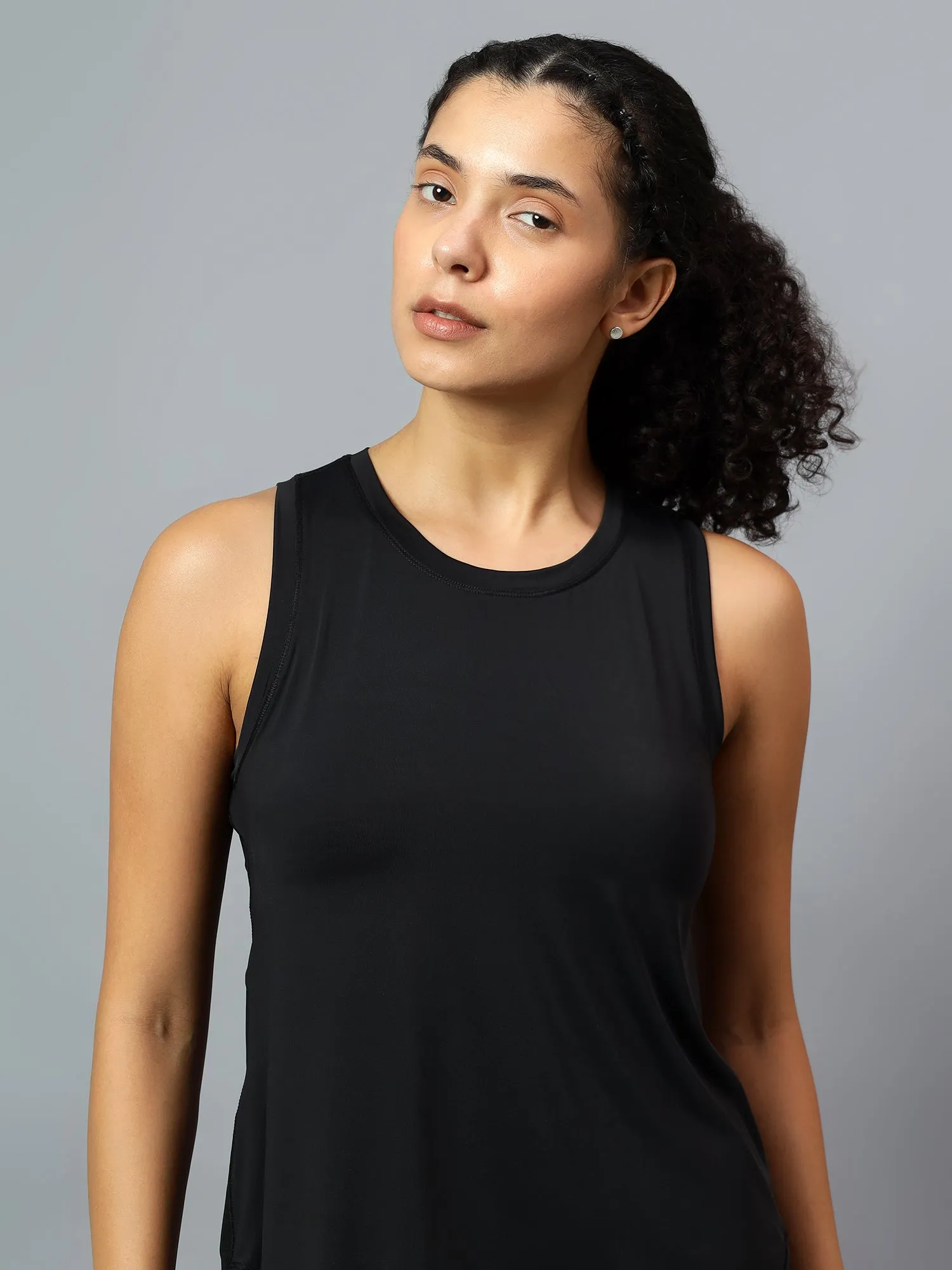 Fitkin Black Tank Top With Back Net Panel Design
