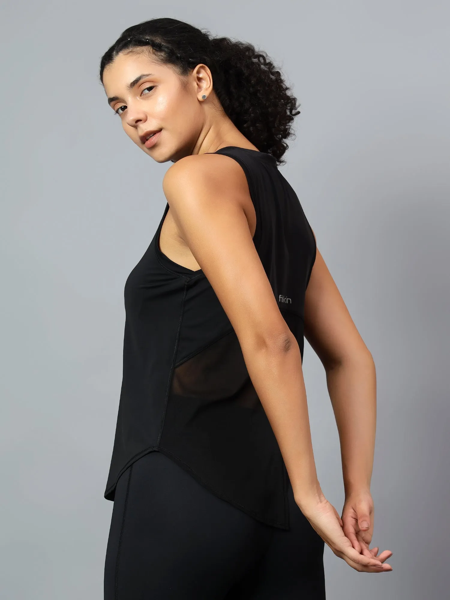 Fitkin Black Tank Top With Back Net Panel Design
