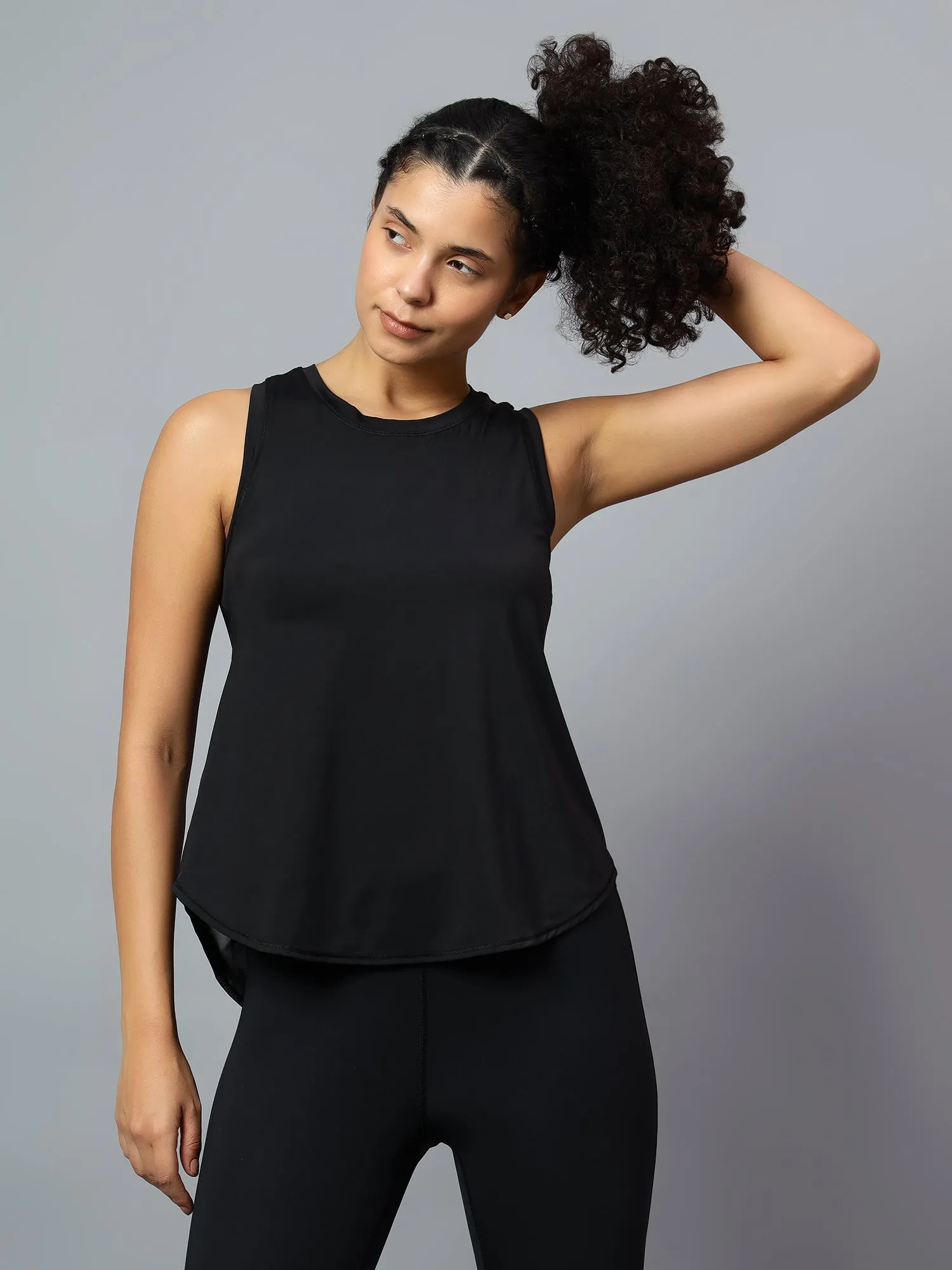 Fitkin Black Tank Top With Back Net Panel Design