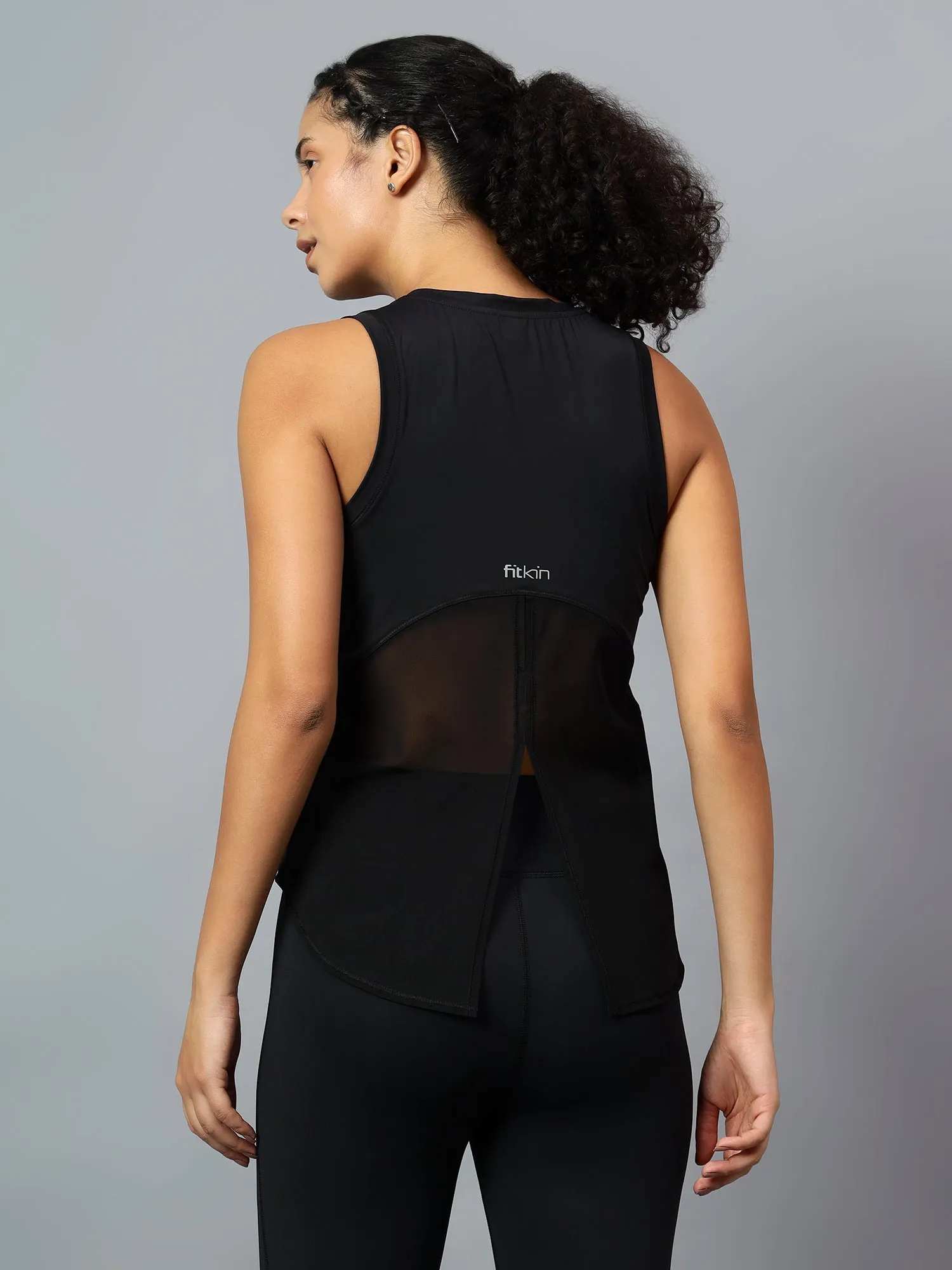 Fitkin Black Tank Top With Back Net Panel Design