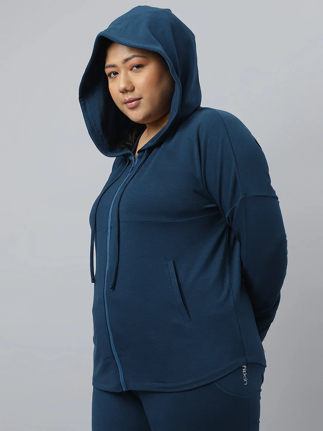 Fitkin Ecofriendly Tencel Anti-Odor Plus size Teal Hoodie Jacket