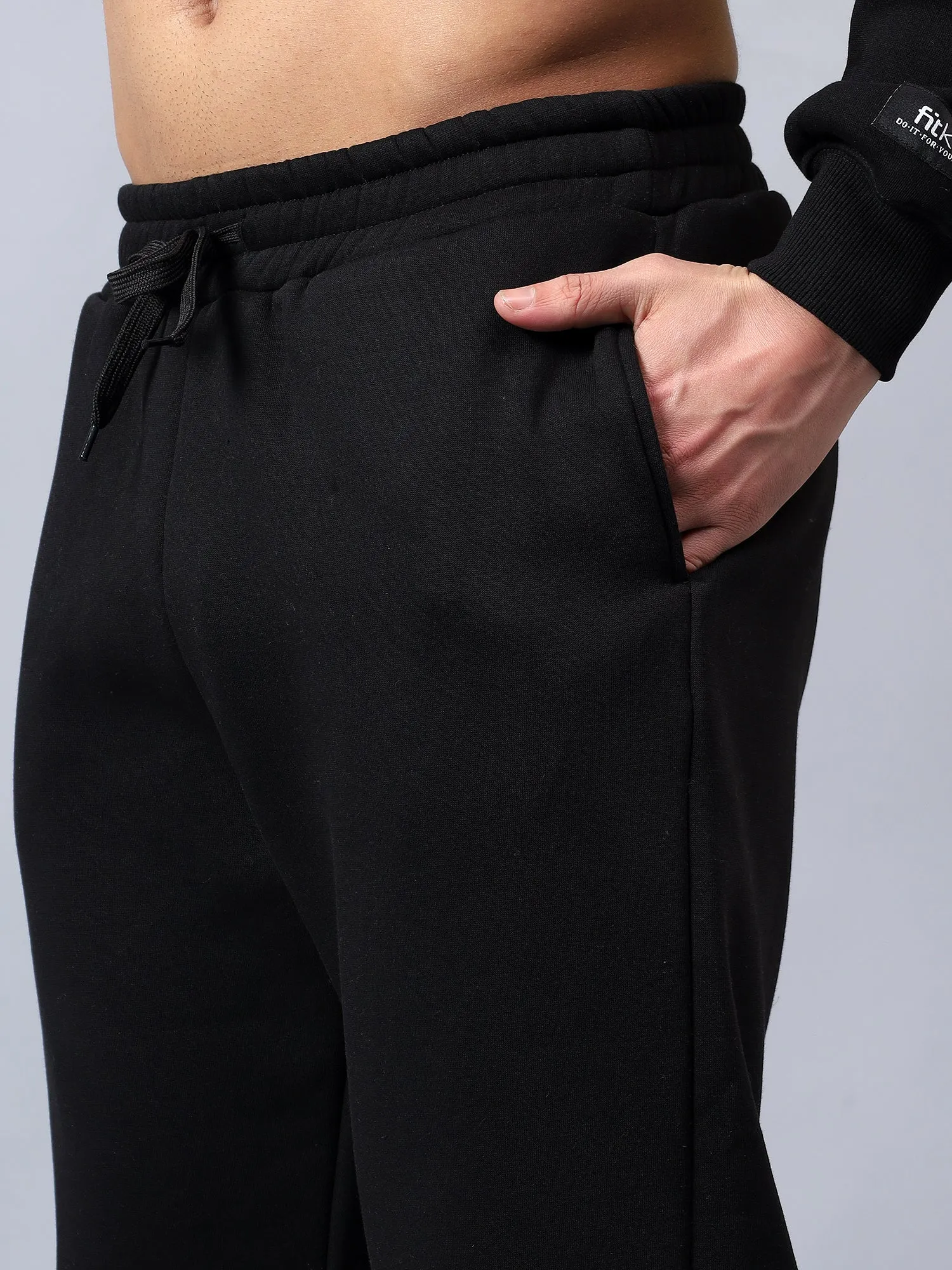 Fitkin Men Solid Black Fleece Winter Jogger