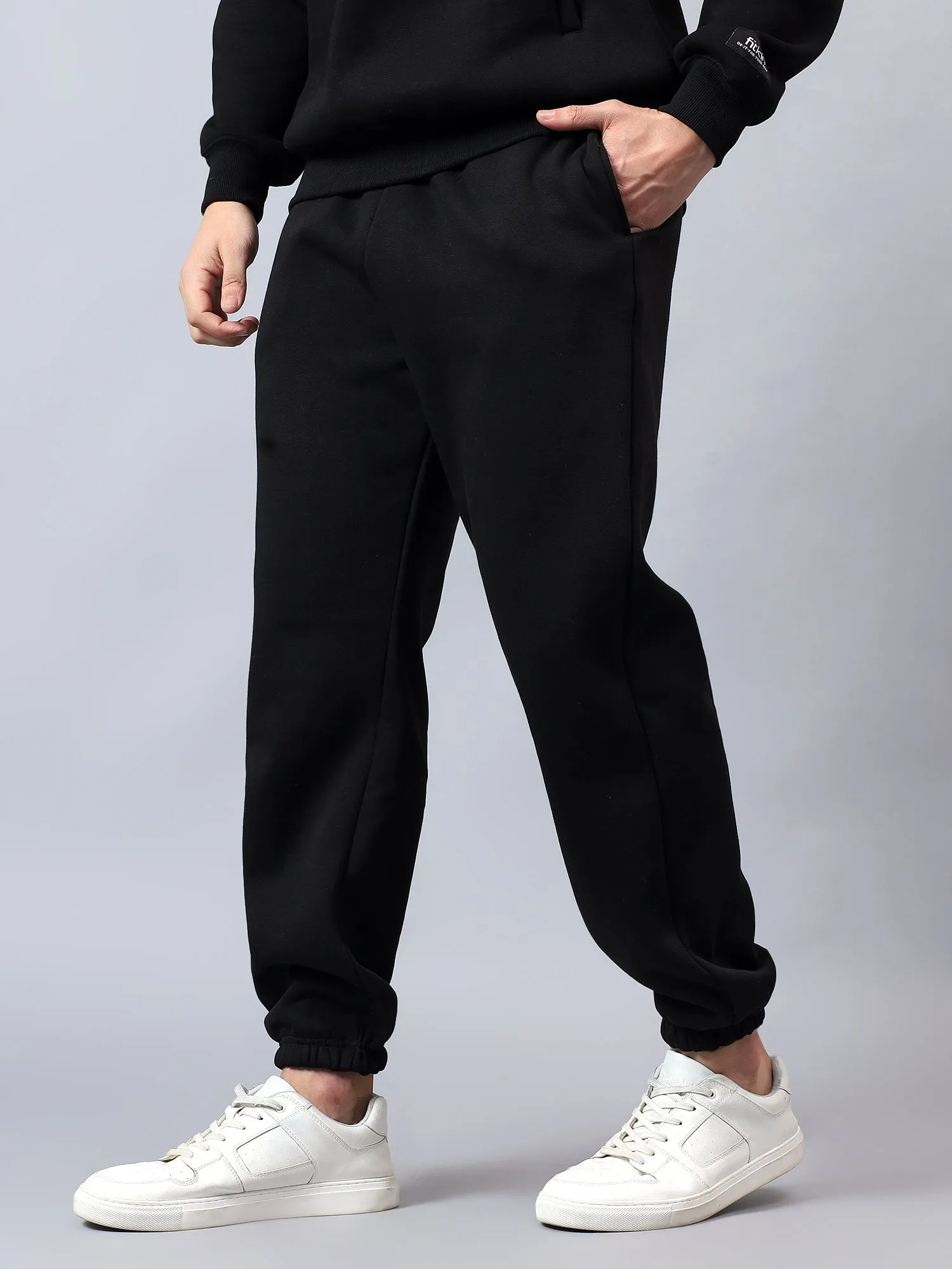 Fitkin Men Solid Black Fleece Winter Jogger