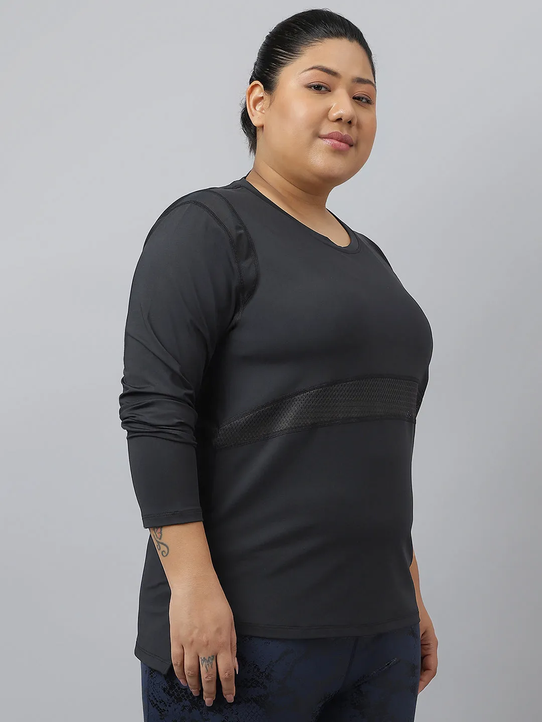 Fitkin Plus Size Black Anti-Odor Mesh Panel Longsleeve Tshirt