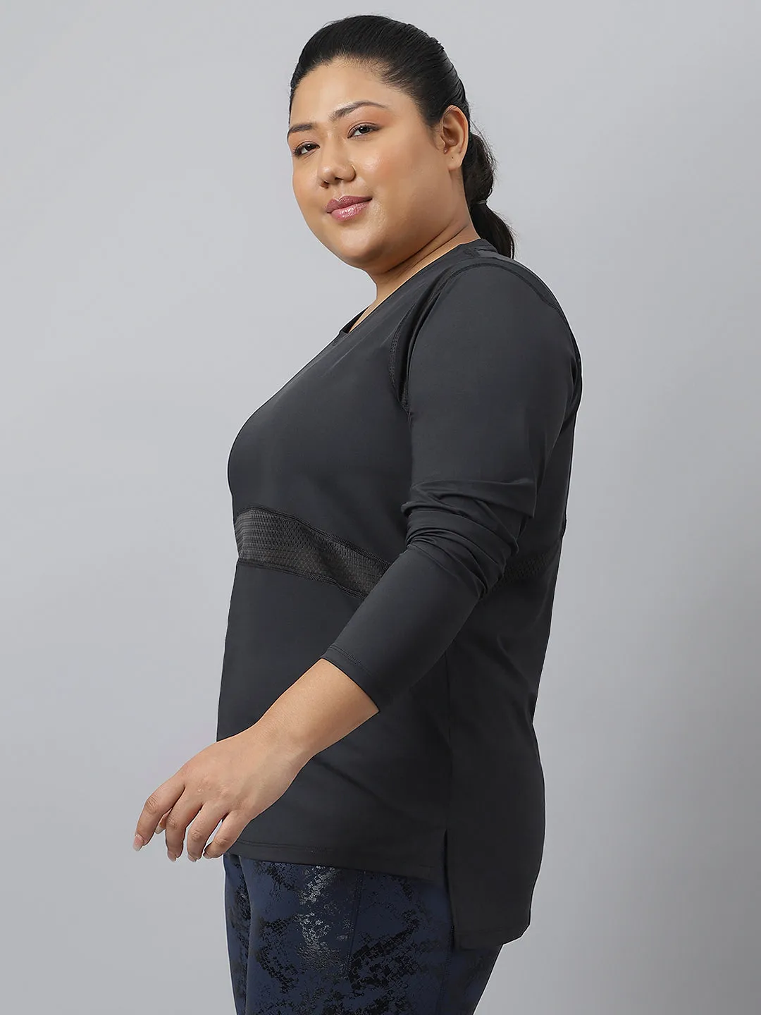 Fitkin Plus Size Black Anti-Odor Mesh Panel Longsleeve Tshirt