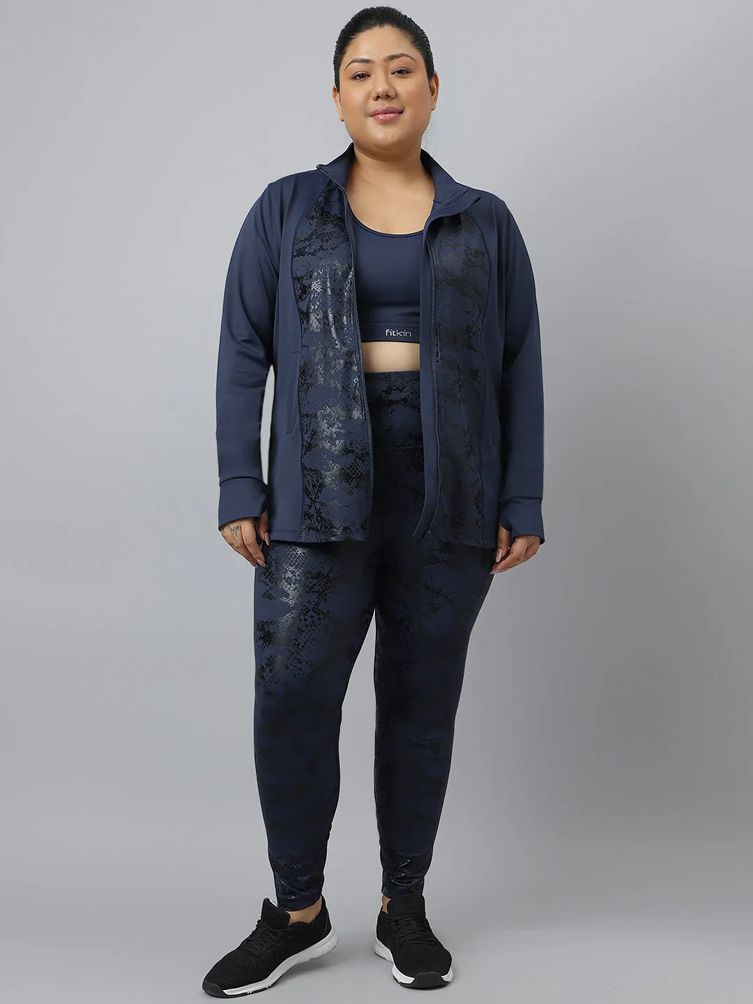 Fitkin Plus Size Blue Luxury Luminous Print Jacket