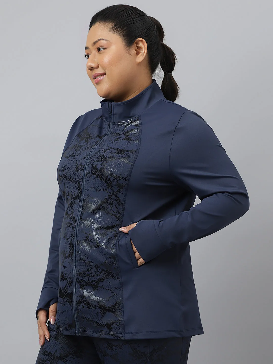 Fitkin Plus Size Blue Luxury Luminous Print Jacket
