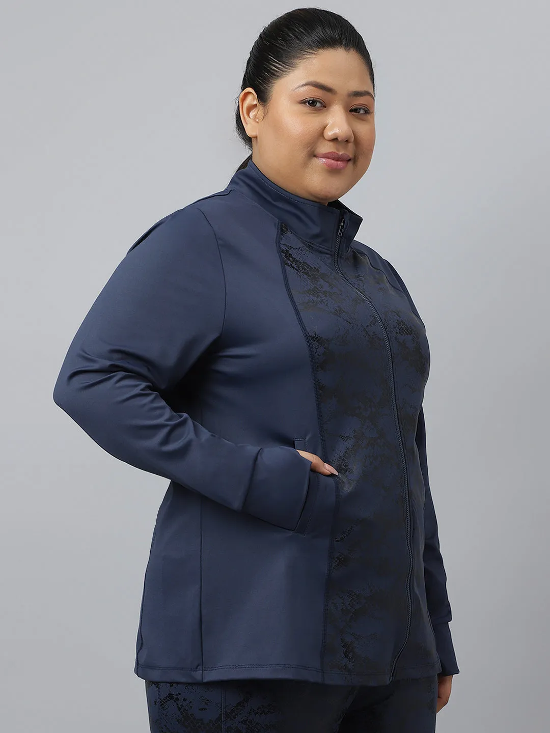 Fitkin Plus Size Blue Luxury Luminous Print Jacket