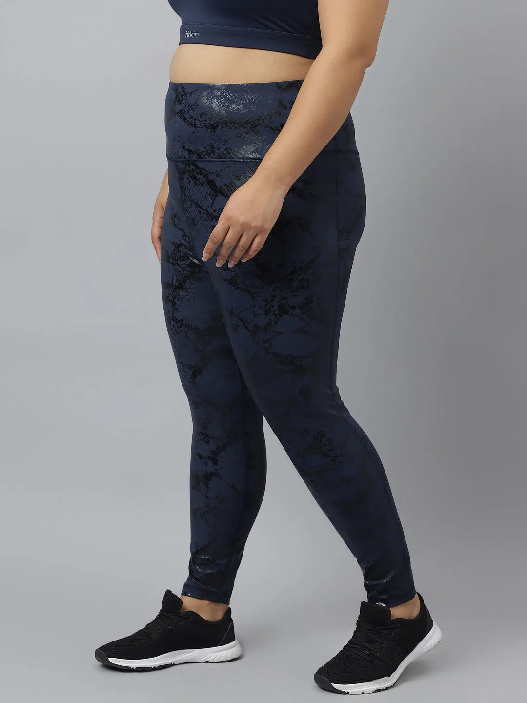 Fitkin plus size blue snake print high waist core tights