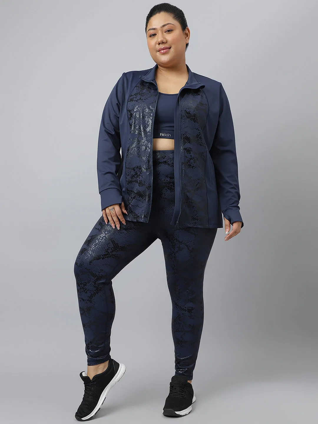Fitkin plus size blue snake print high waist core tights
