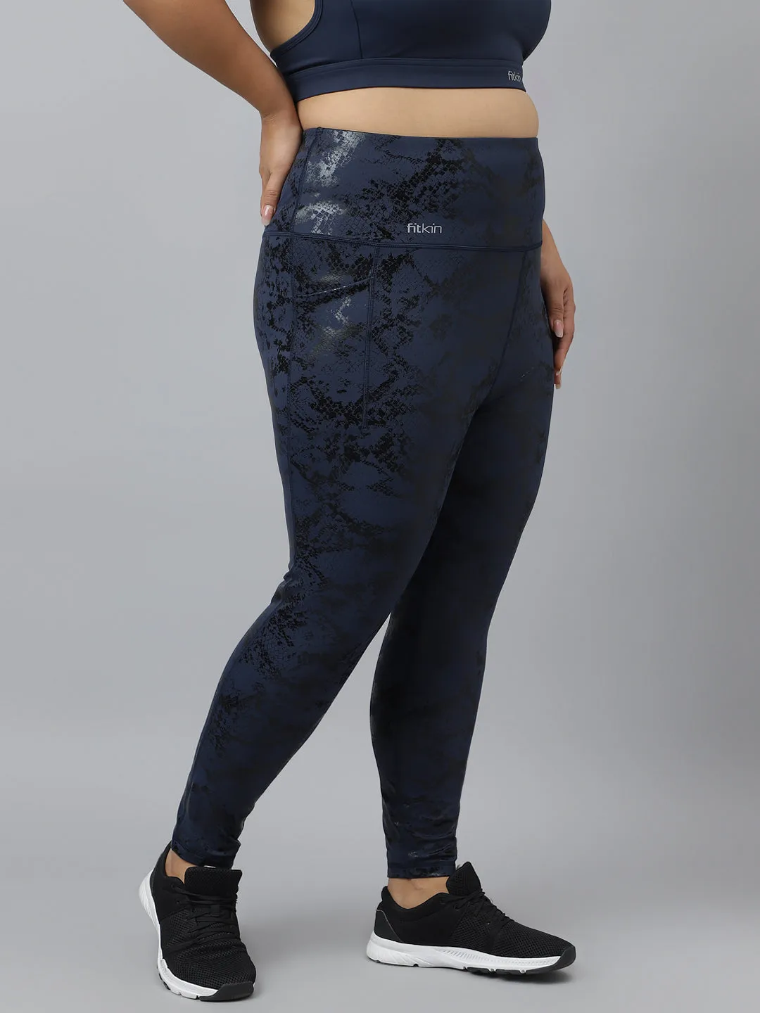 Fitkin plus size blue snake print high waist core tights