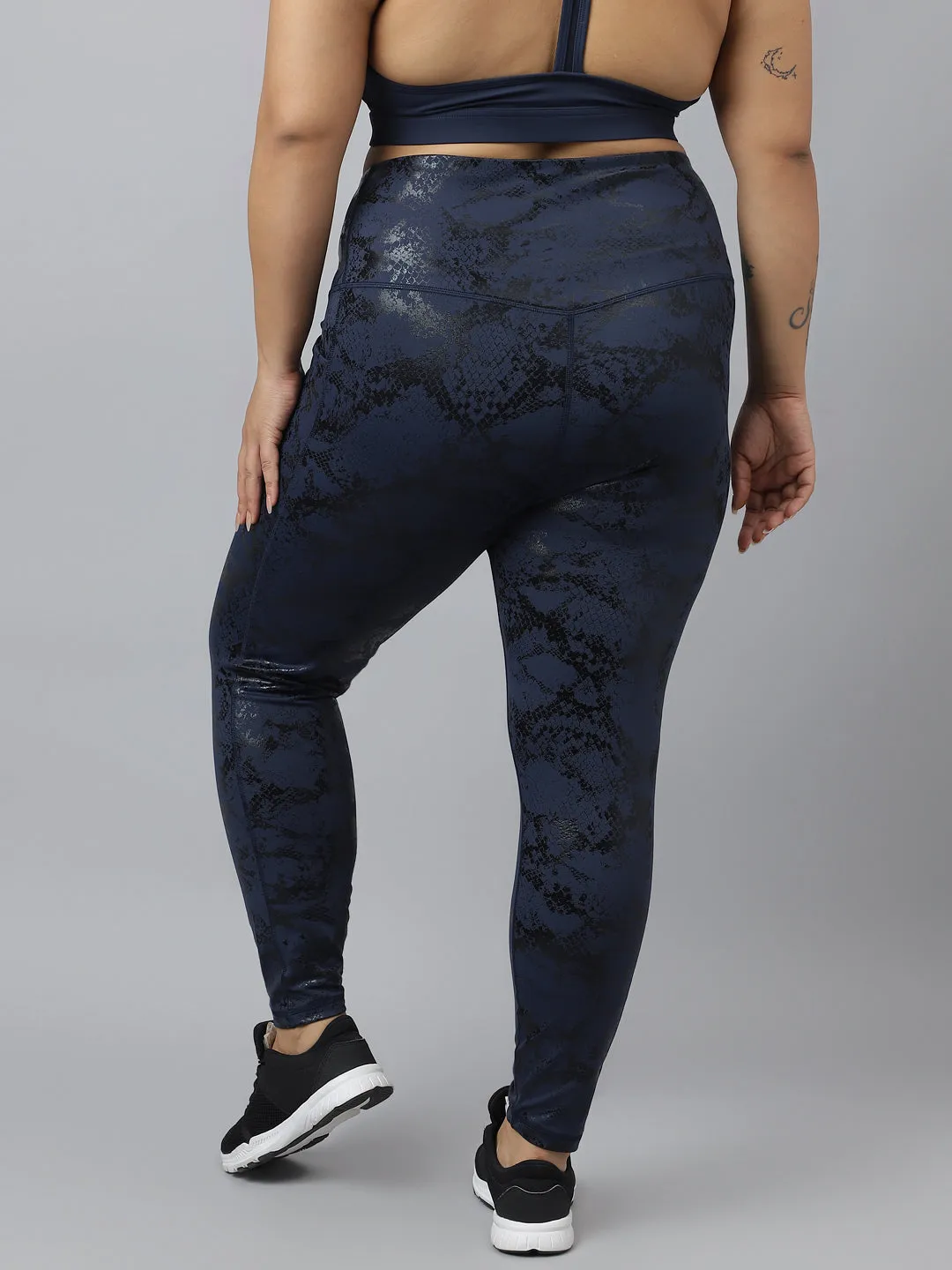 Fitkin plus size blue snake print high waist core tights