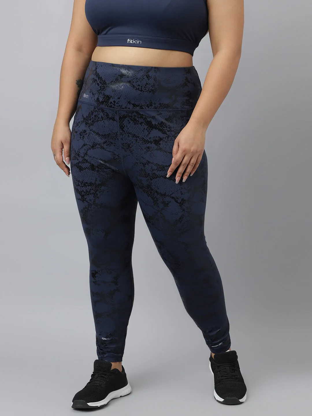 Fitkin plus size blue snake print high waist core tights