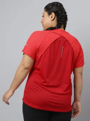 Fitkin Plus Size Red Front Zipper Short Sleeve Training Tshirt