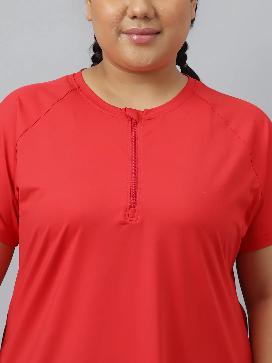 Fitkin Plus Size Red Front Zipper Short Sleeve Training Tshirt