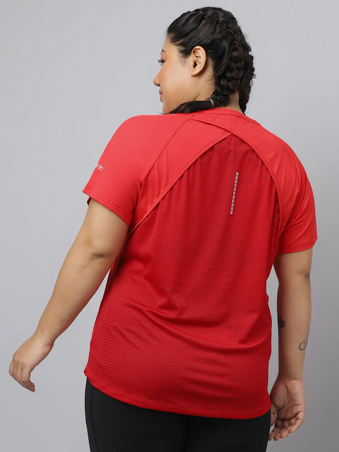 Fitkin Plus Size Red Front Zipper Short Sleeve Training Tshirt