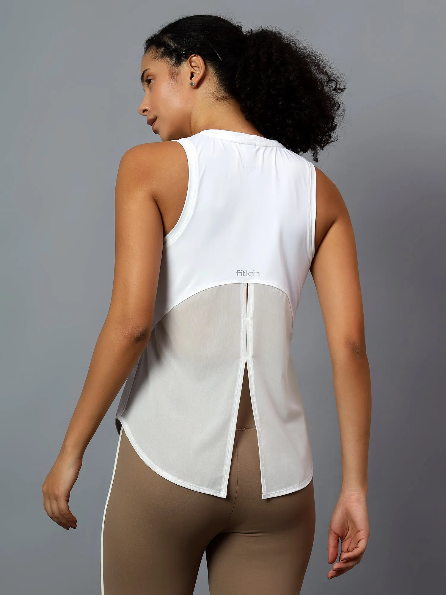 Fitkin White Tank Top With Back Net Panel Design