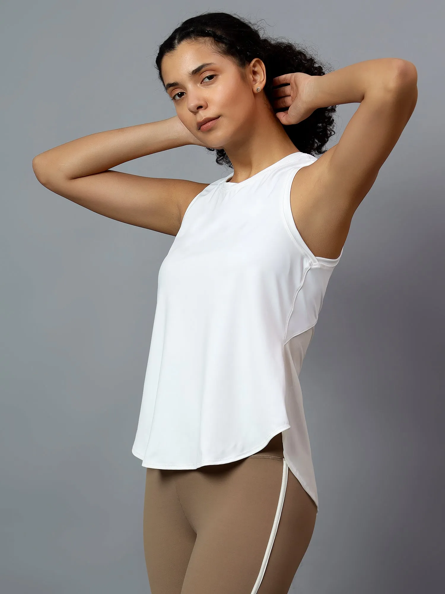 Fitkin White Tank Top With Back Net Panel Design