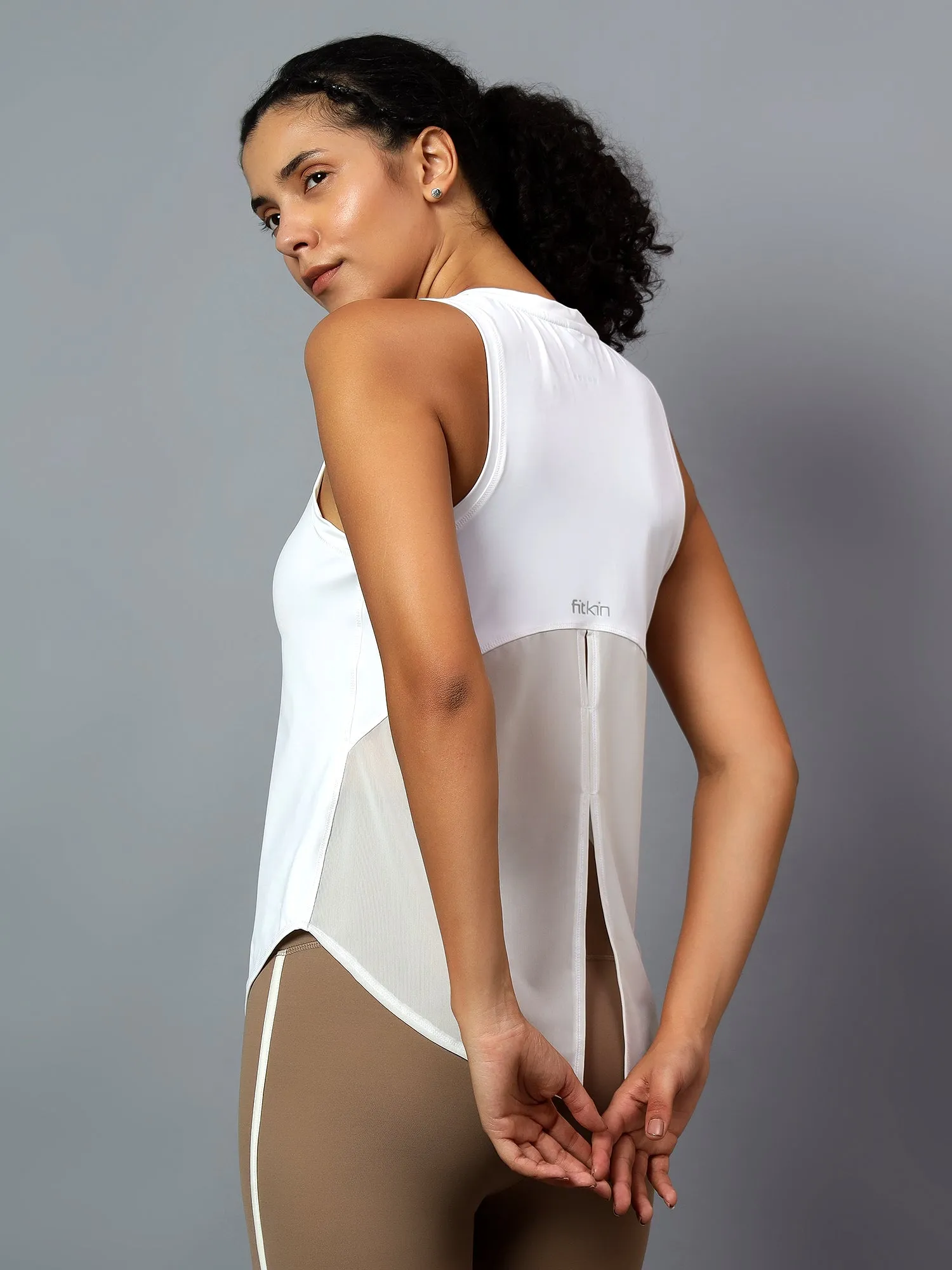Fitkin White Tank Top With Back Net Panel Design