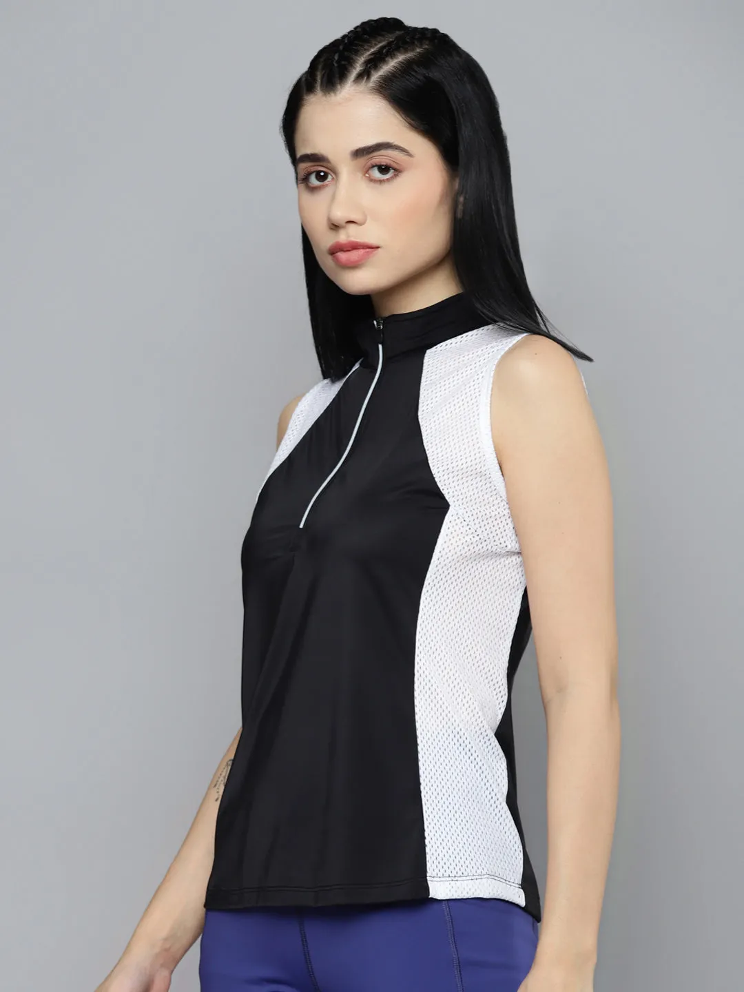 Fitkin Women Black & White Colourblocked High Neck T-shirt