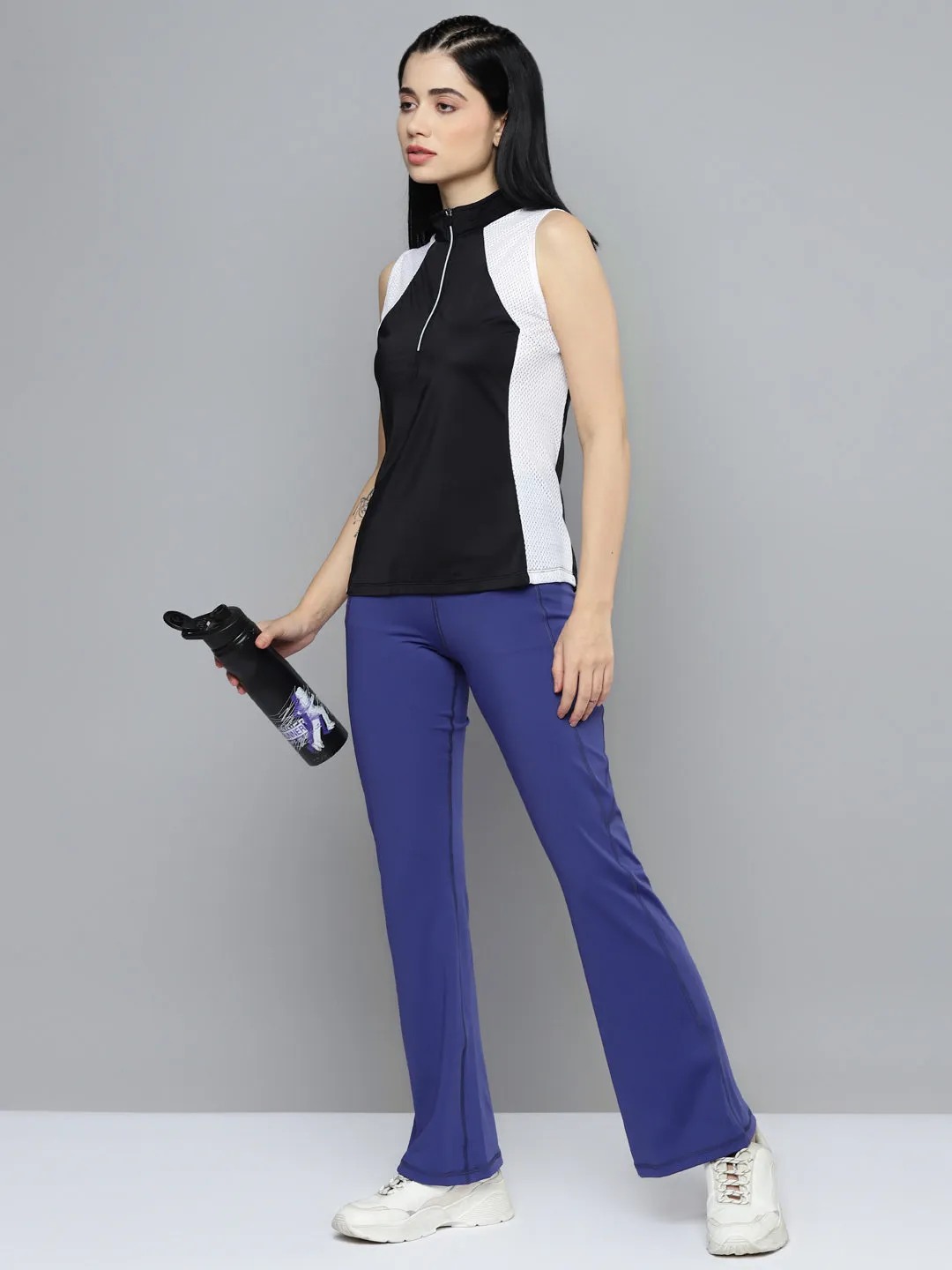 Fitkin Women Black & White Colourblocked High Neck T-shirt