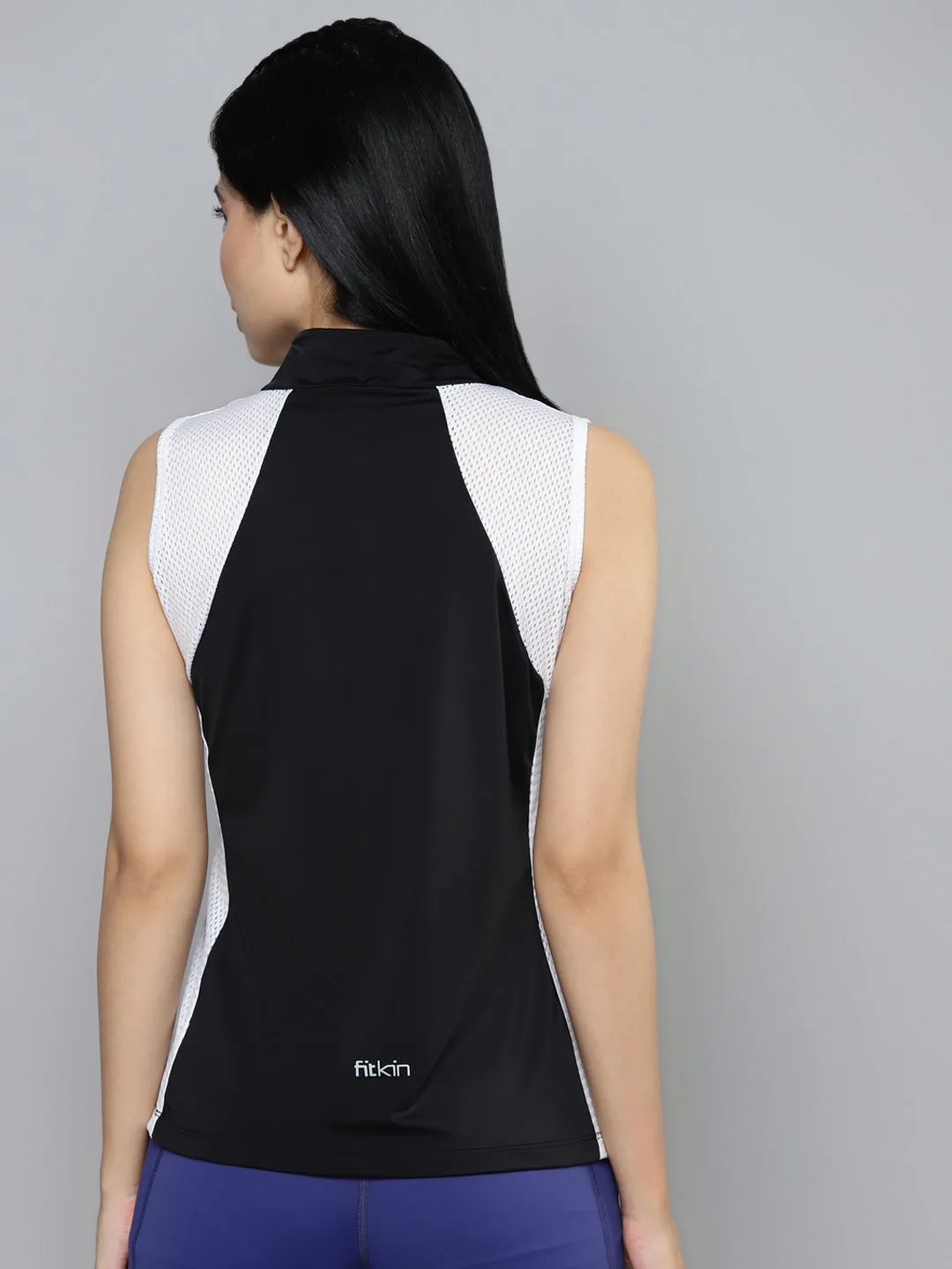 Fitkin Women Black & White Colourblocked High Neck T-shirt