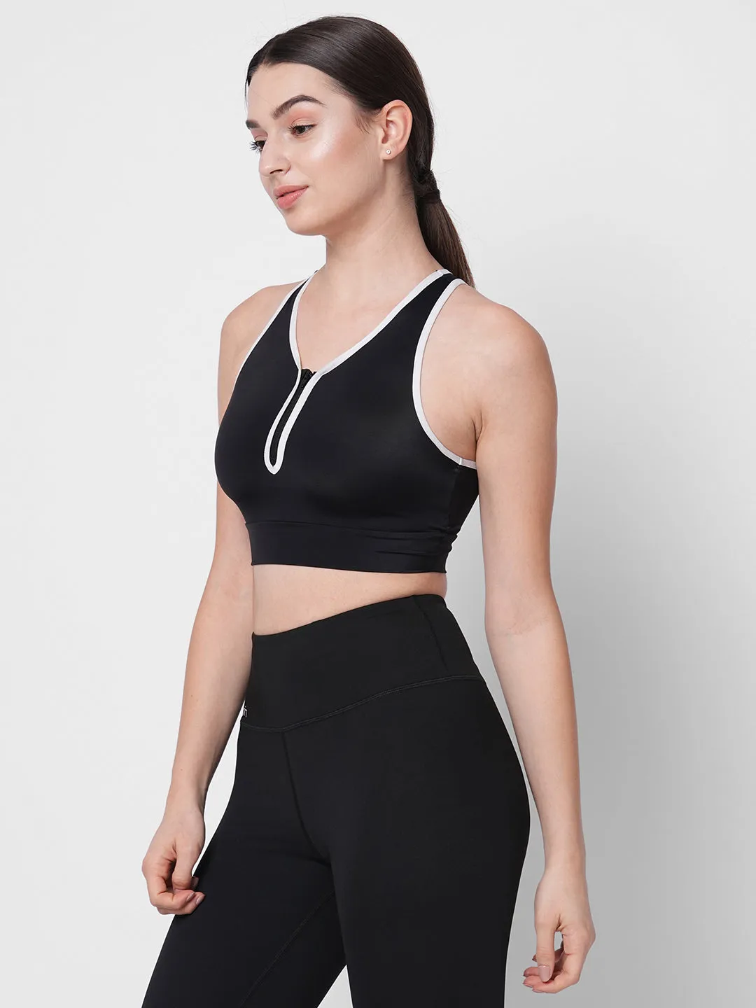 Fitkin women black front zipper everyday crop top