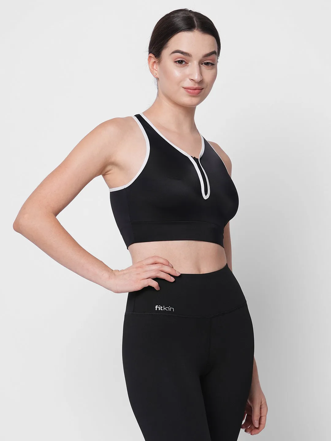 Fitkin women black front zipper everyday crop top