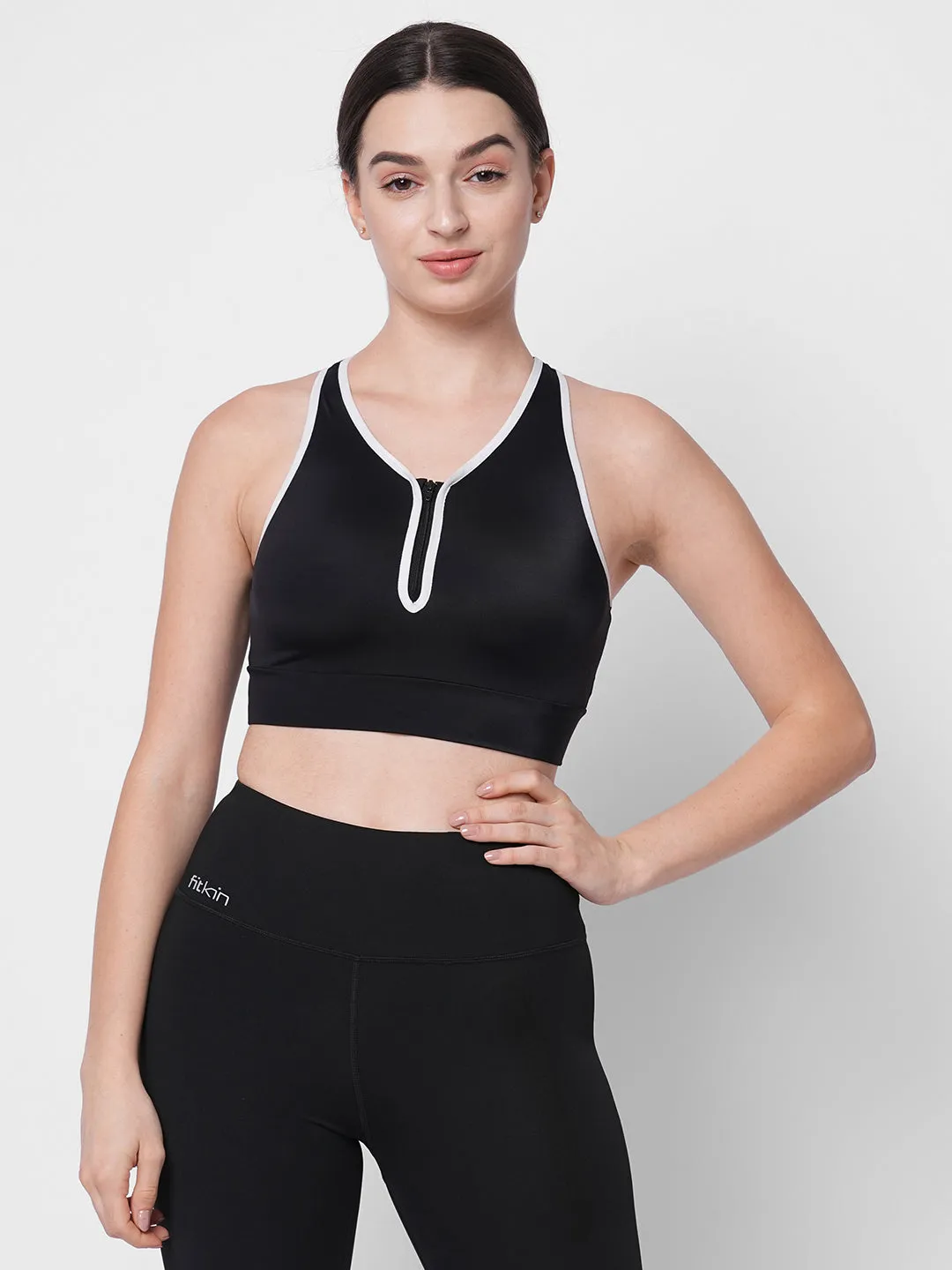 Fitkin women black front zipper everyday crop top