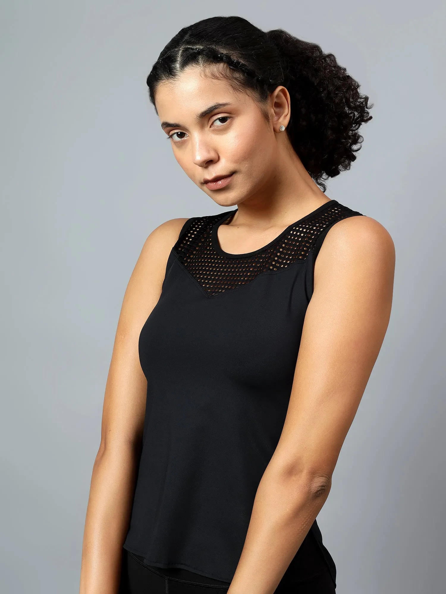 Fitkin Women Black Mix Mesh Tank