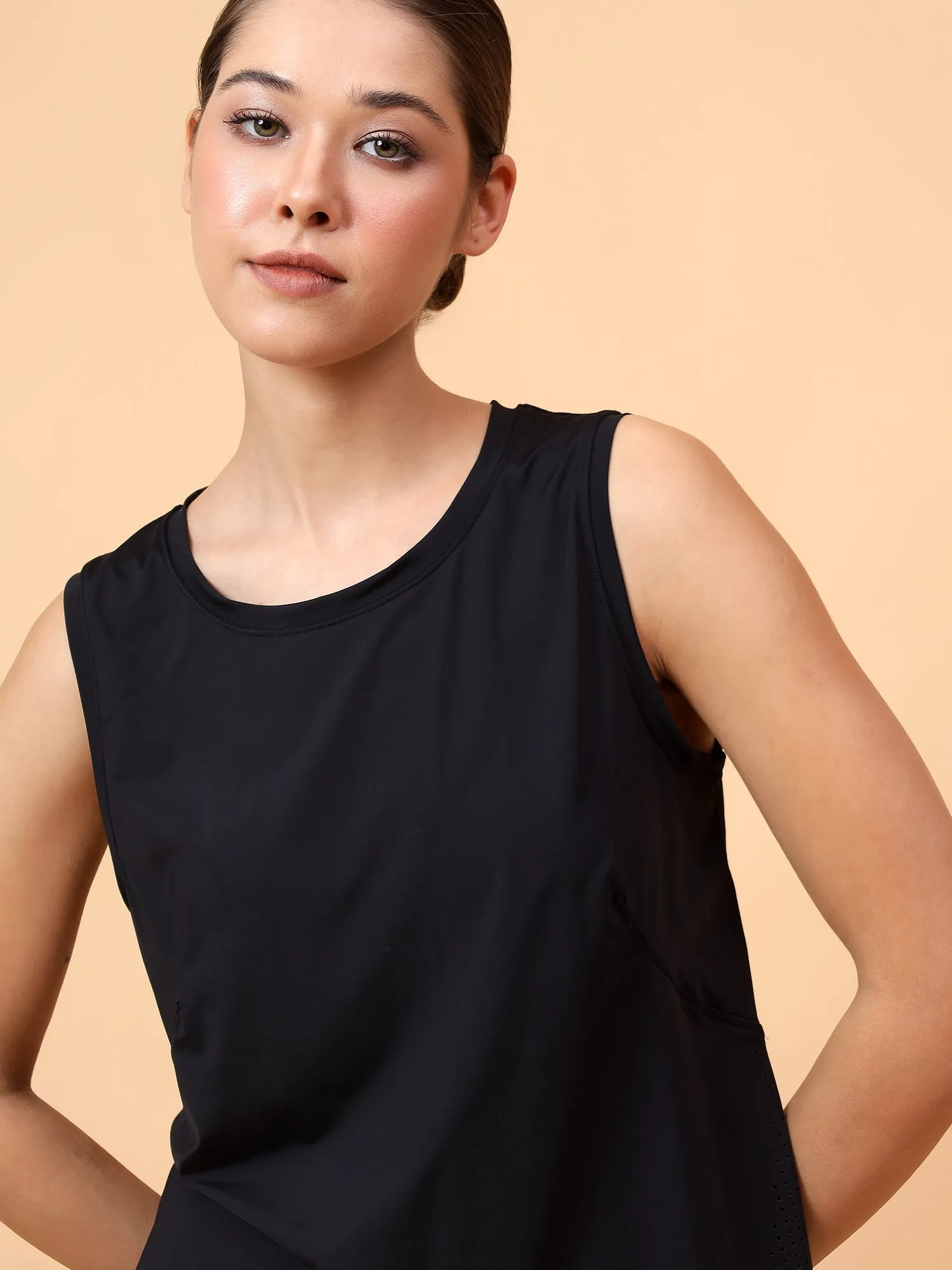 Fitkin Women Black Sleeveless Laser Cut Detail Top
