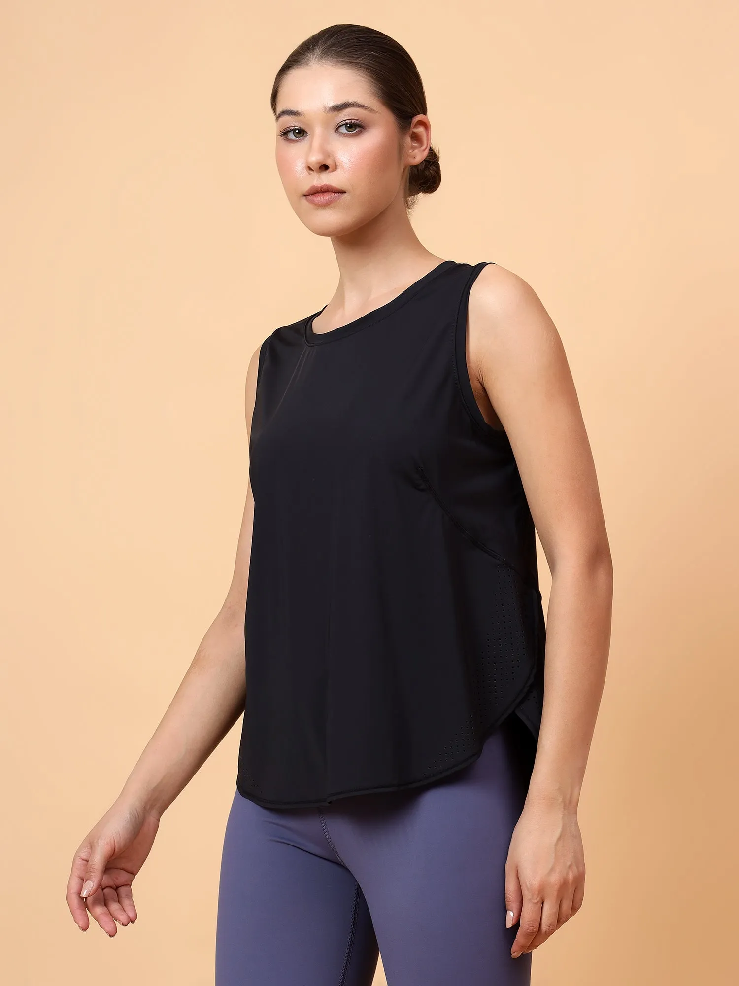 Fitkin Women Black Sleeveless Laser Cut Detail Top